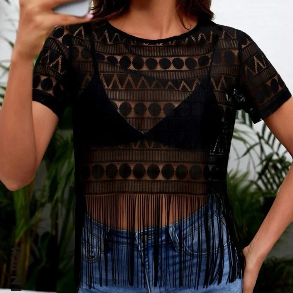 NWT Black lace fringe top - Picture 5 of 7